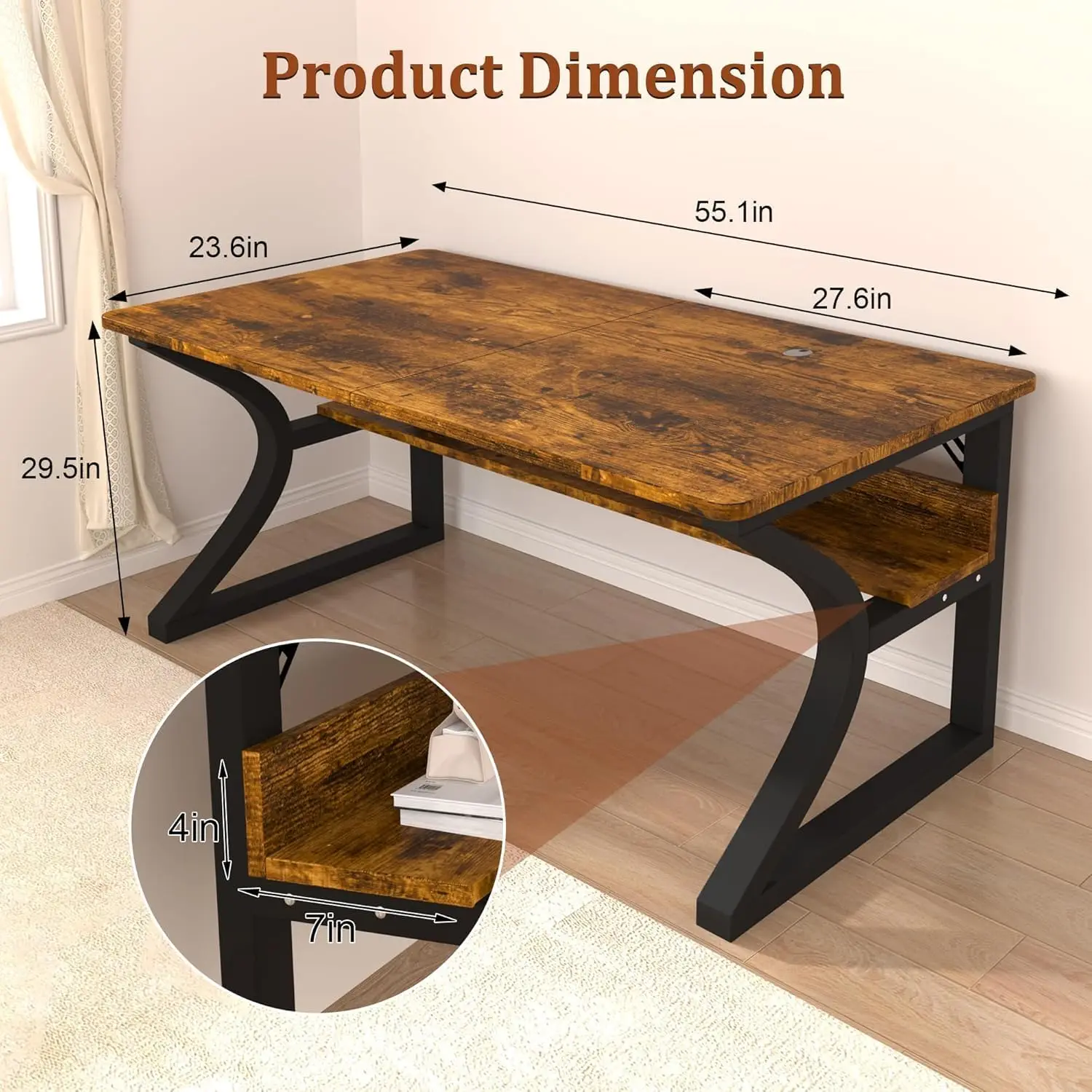 55'' Computer Desk W/Storage, U-Shape Metal Frame, Water-Resistant Surface, Office Bedroom, Brown, Customized