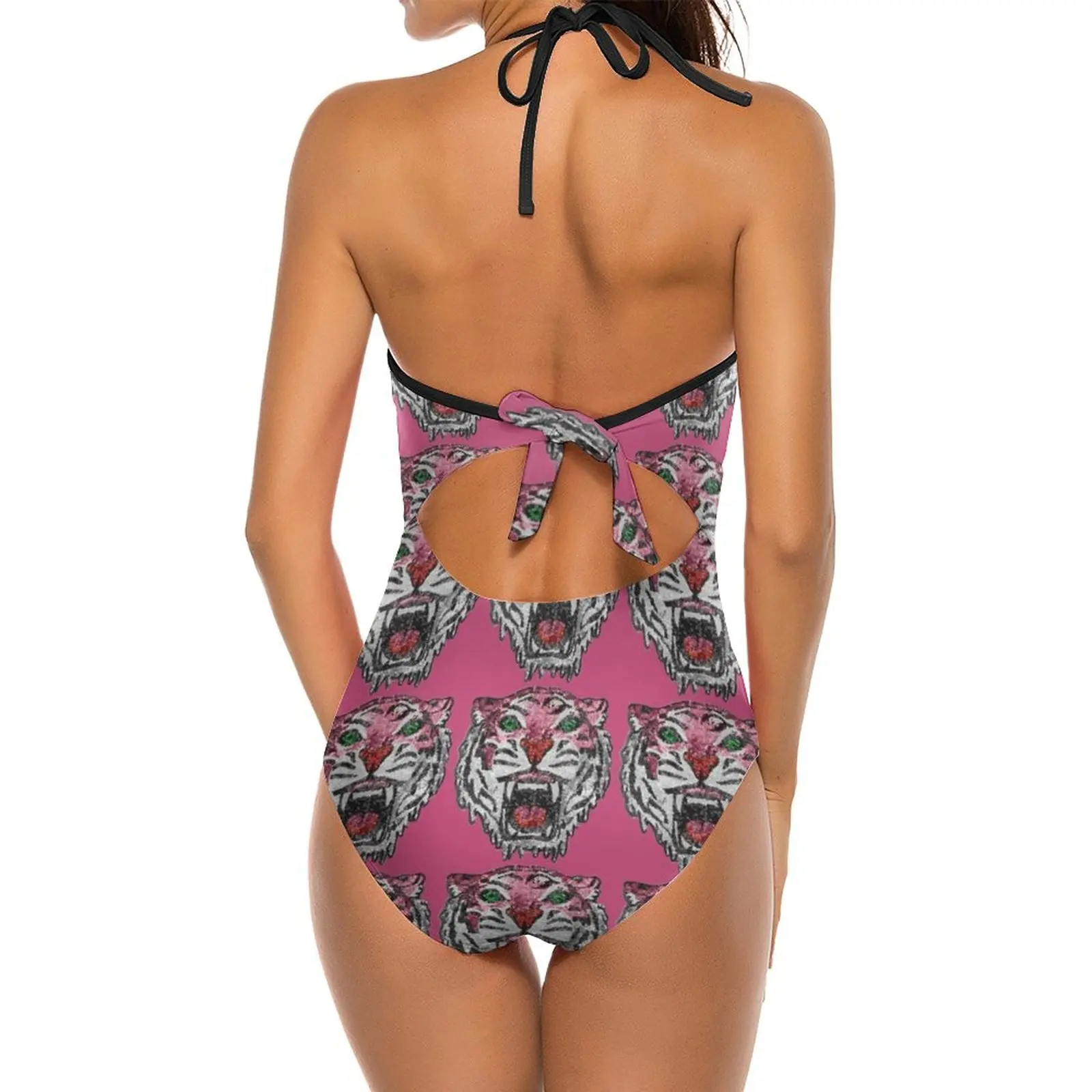Sequin Tiger Head Deep V-Neck Halter One-Piece Swimsuit Ladies Monokini Beach Bathing Suits Swimwear Tiger Go Tigers Pink Tiger image 3