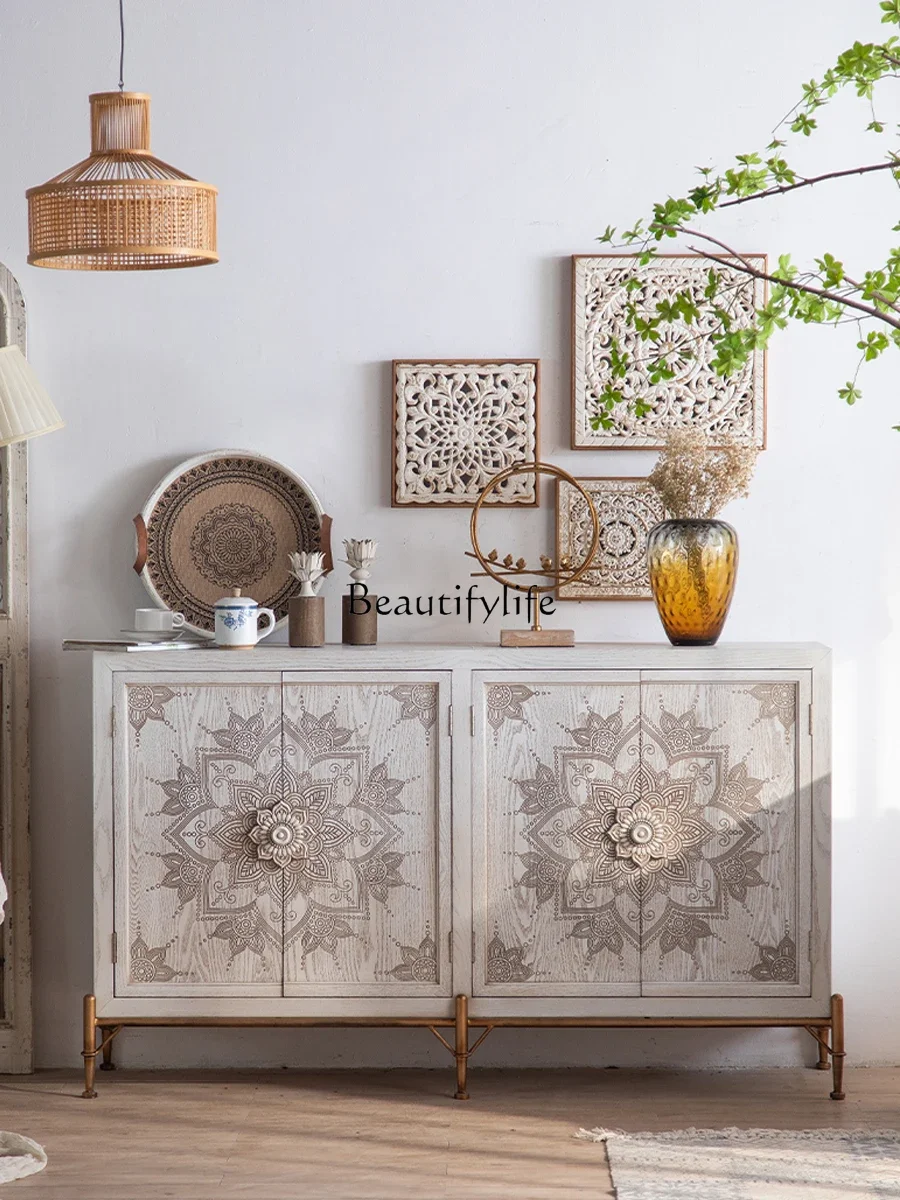 

yj9American light luxury entrance cabinet, living room glass display cabinet, white engraved cream wind decorative storage