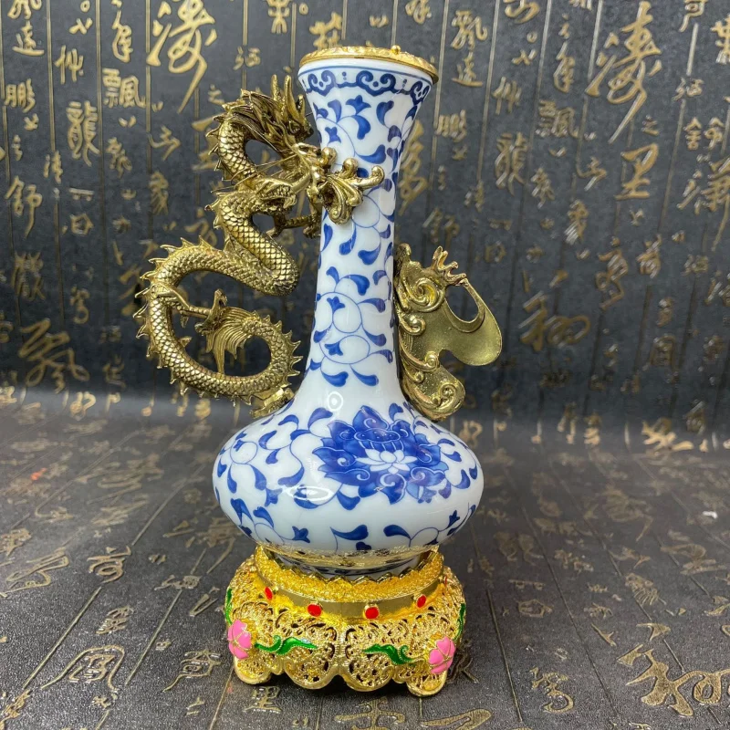 Vintage Gilded Hollow Base Blue and White Double Dragon Auspicious Bottle Collectible Ornament Decorative Craft