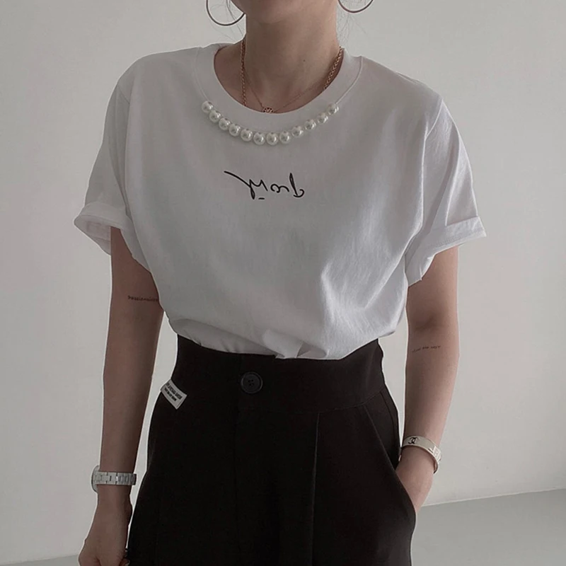 

Korean Chic Simple O-Neck Tops Summer Pearl Embellishment Letter Printing Tees Loose Versatile Short-Sleeve Femme T-Shirt