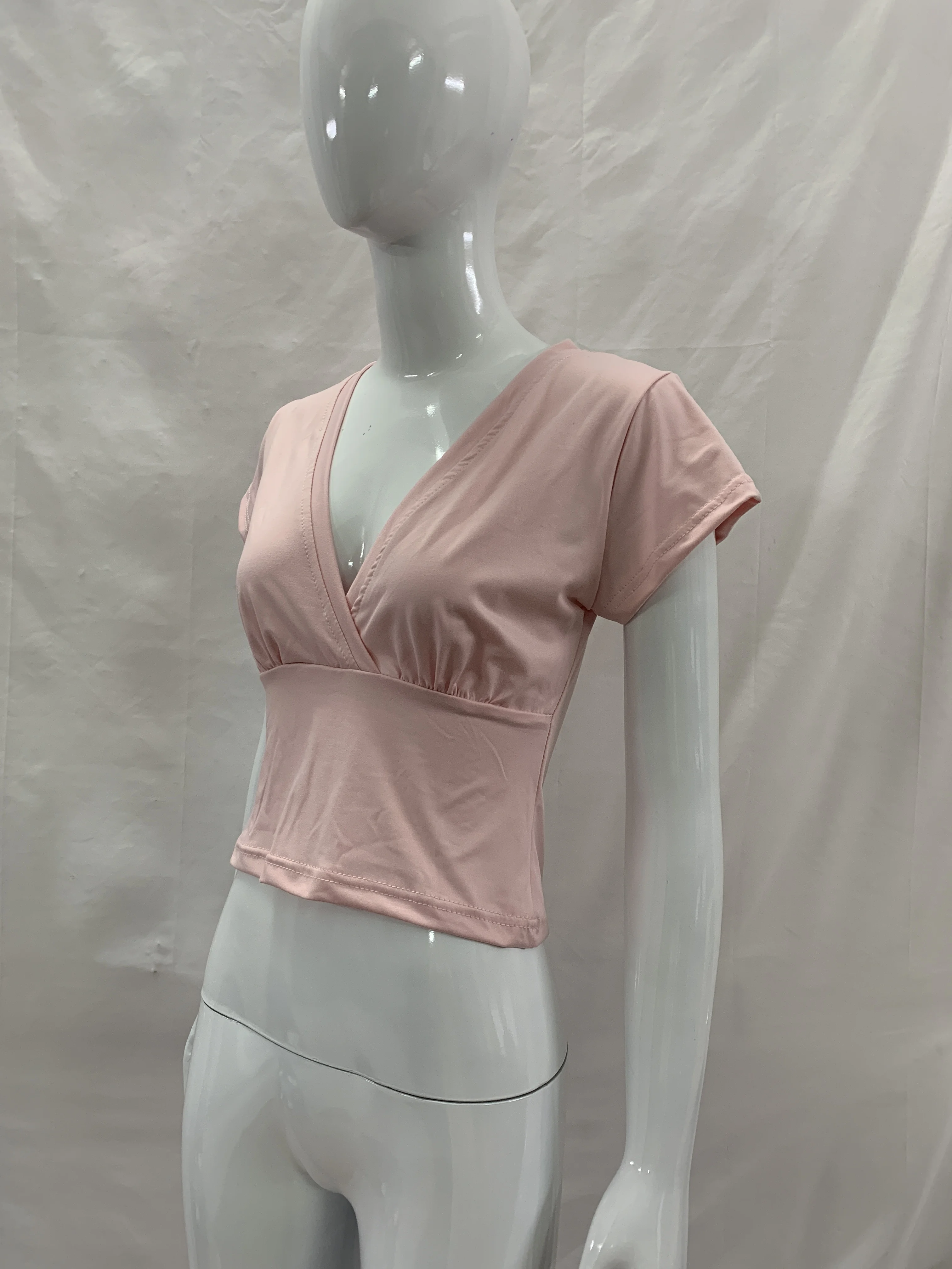 Damen V-Ausschnitt Kurzarm 3/4-Ärmel Crop-Tops, Figurbetont, Y2K Basic T-Shirts für Club, Party, Dating, Urlaub, Streetstyle, Alltagskleidung – Detail 7