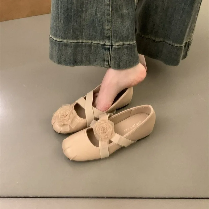 フレンチフラワーメリージェーンシューズ、女性用バレエフラット、隠しヒール付きサマードレスシューズ