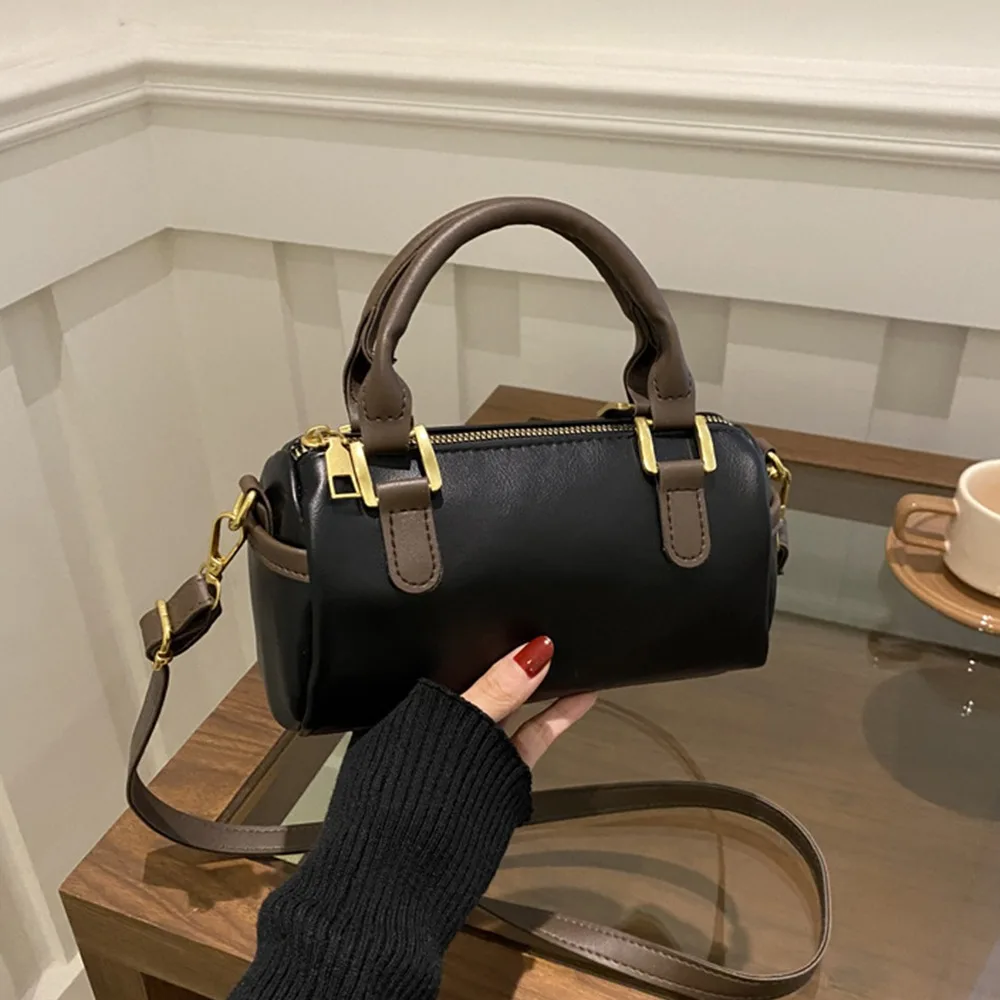 

Vintage French Style Bowling Bag Elegant PU Leather Boston Shoulder Bag Large Capacity Cute Women Handbags Work