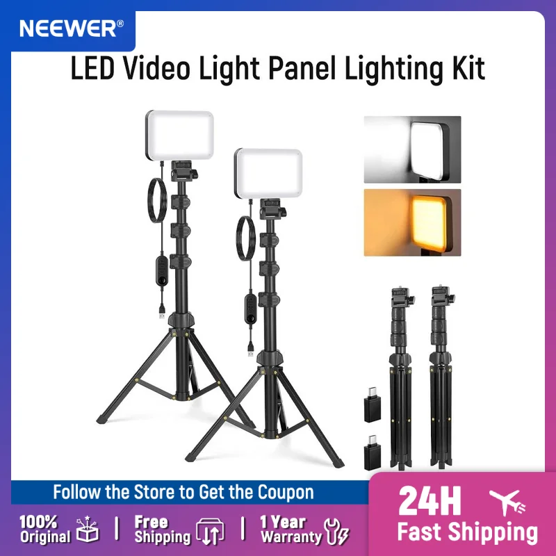 

NEEWER Basics 2 Pack LED Video Light Panel Lighting Kit, 6.2" Dimmable Portable Studio Light with 53" Tripod Stand, 3200K-5600K
