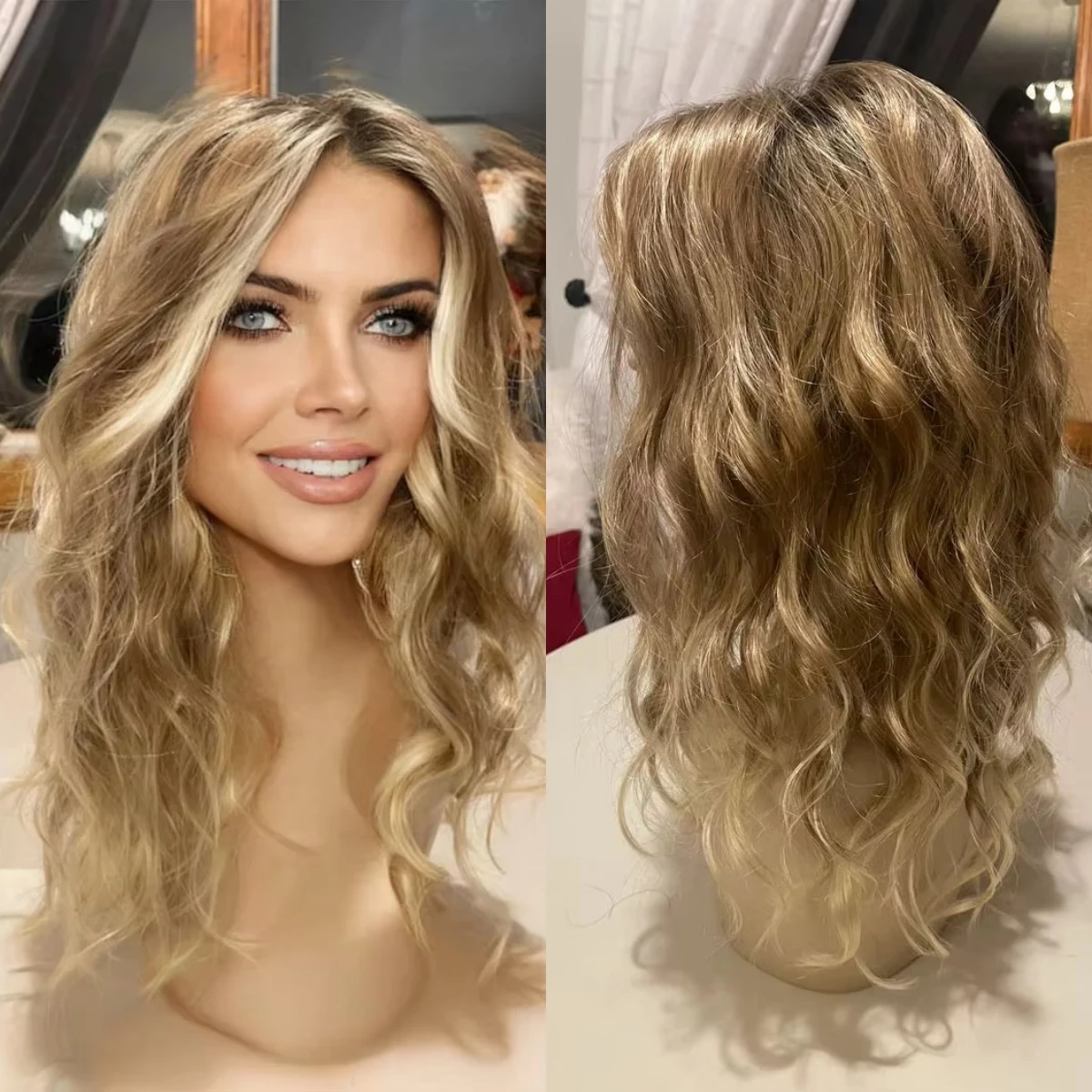 Elastic Highlight Honey Blonde Synthetic Lace Frontal Wig Mix Color Light Weight Wig Shoulder Deep Wave Hair For Women 13*4 HD