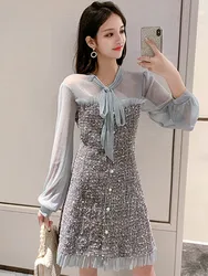 SMTHMA New Autumn And Winter Tweed Dress Office Fashion Knee-Length Ladies Dress Long Sleeve Patchwork Ruffle Woolen Vestidos