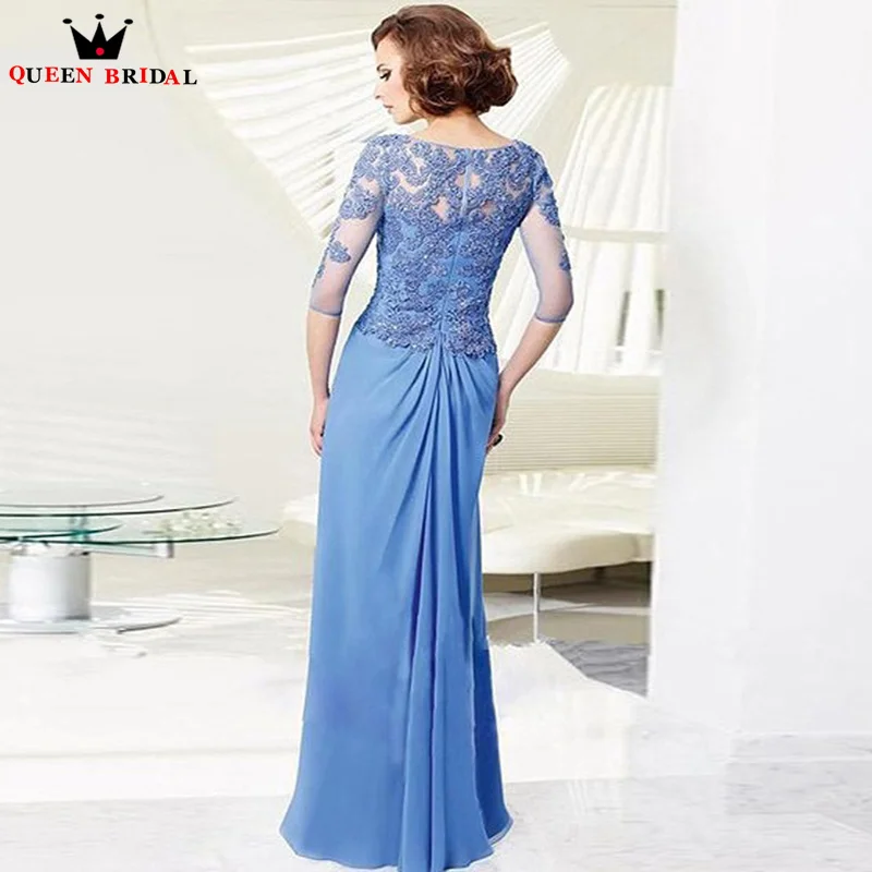 Blue Lace Beaded Mother of the Bride Dress Appliques Three Quarter Wide-waisted vestido mae da noiva luxo Plus Size Custom DT73