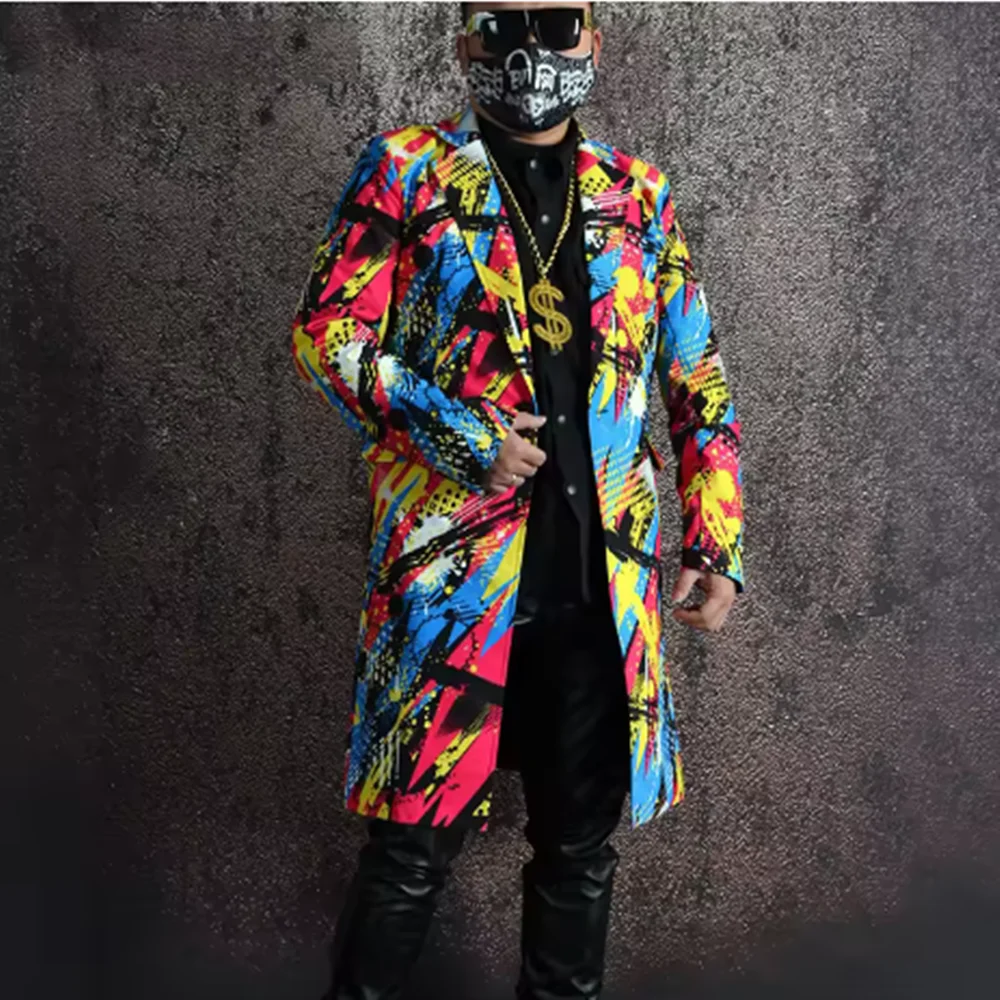 2025 männer Bühne Outfit Jazz Hip Hop Street Dance Kostüm Graffiti Gedruckt Casual Anzug Männlich Langen Mantel Bunte Leistung tragen