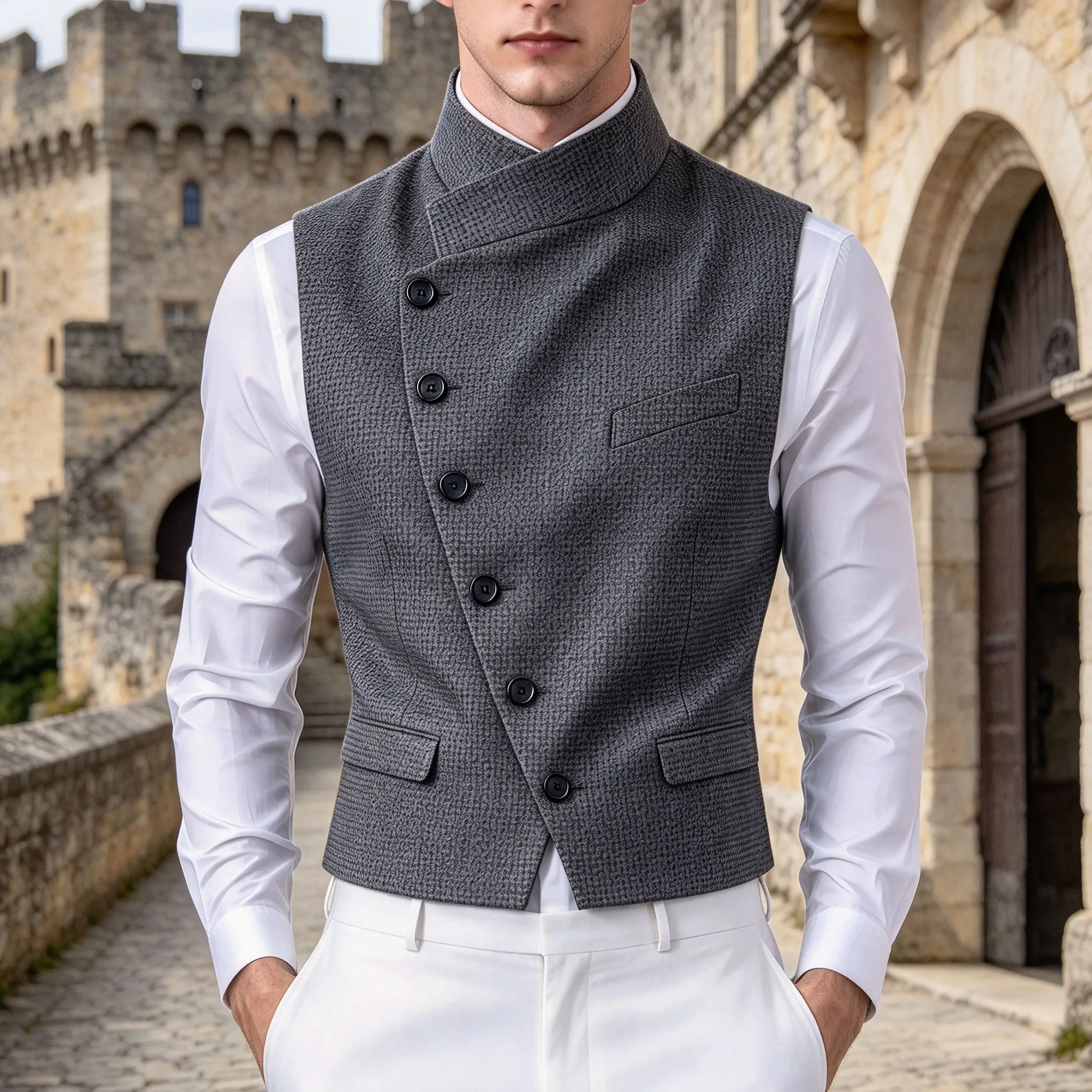 Men's Houndstooth Suit Vest Stand Collar Single Breasted Diagonal Buttons Slim Fit Formal Waistcoat Wedding Party Business Casua
