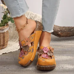 2024 Summer New Baotou Ethnic Slippers Bottom Flower Handmade Thick Sole Retro Women's Platform Sandals Zapatillas Mujer