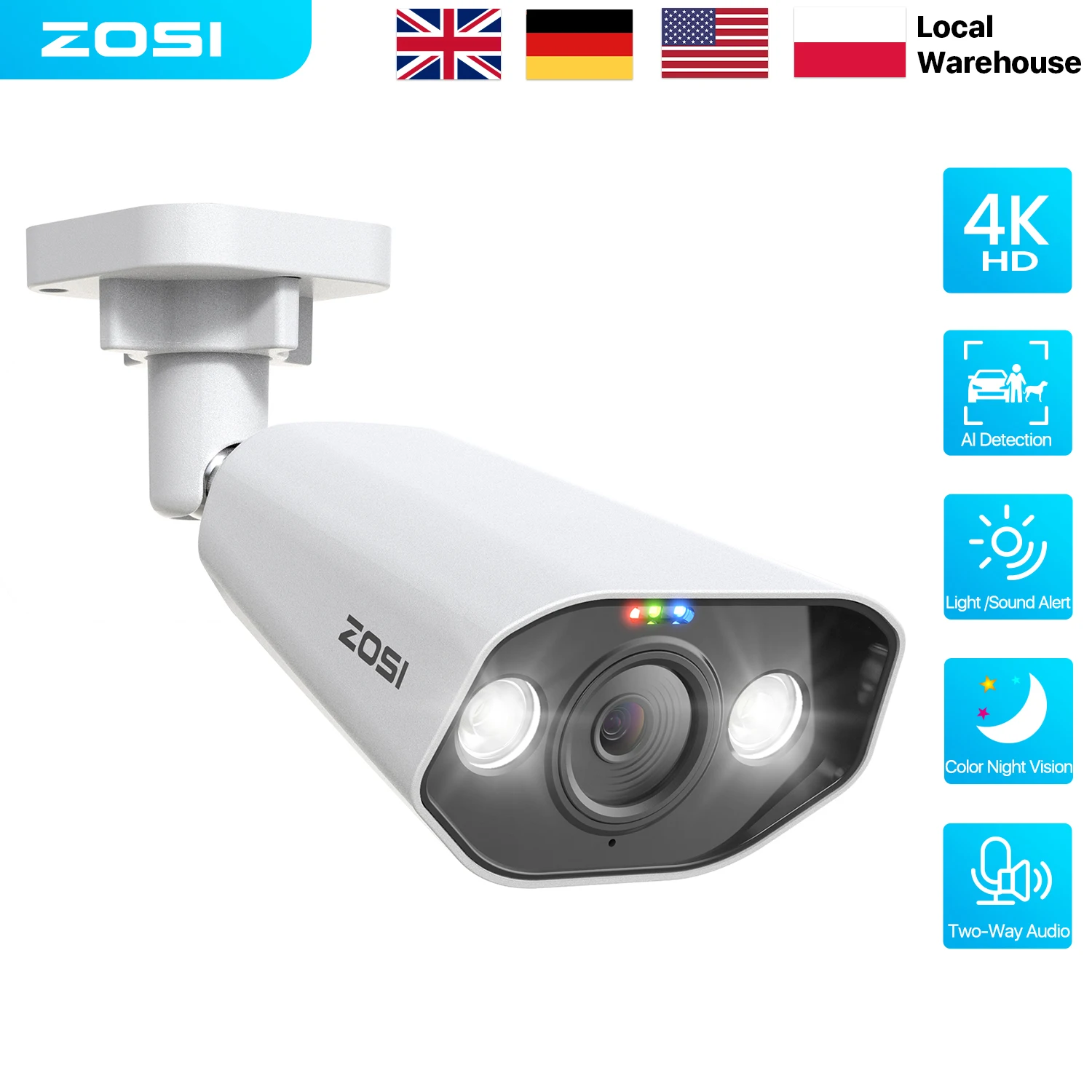 ZOSI 4K PoE Security Cameras AI Detection 2-Way Audio Color Night Vision 8MP Waterproof Outdoor Add-on Camera Only Work with ZOSI 4K PoE NVR