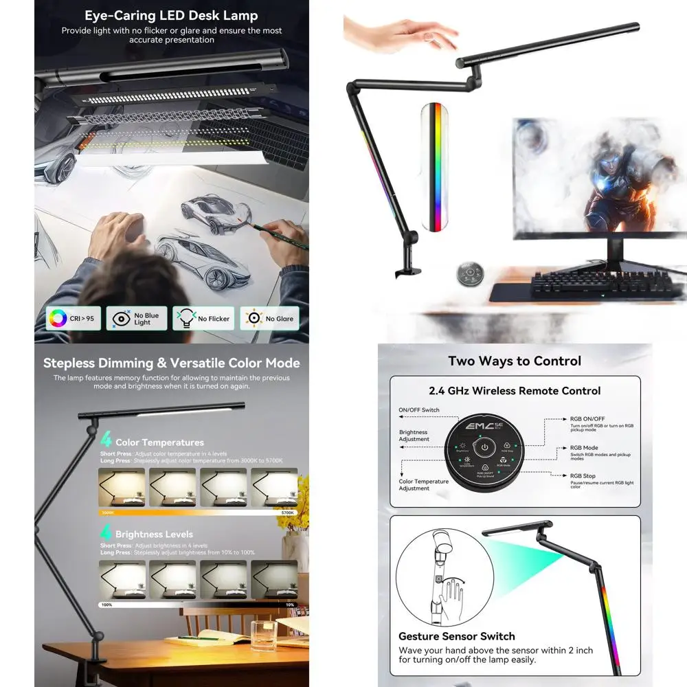Flexible Clamp LED Desk Lamp, 18W with Dual RGB Lighting, 3-Section Arm, Remote & Sensor, Stepless Dimming, 4 Modes & 5 Brightne