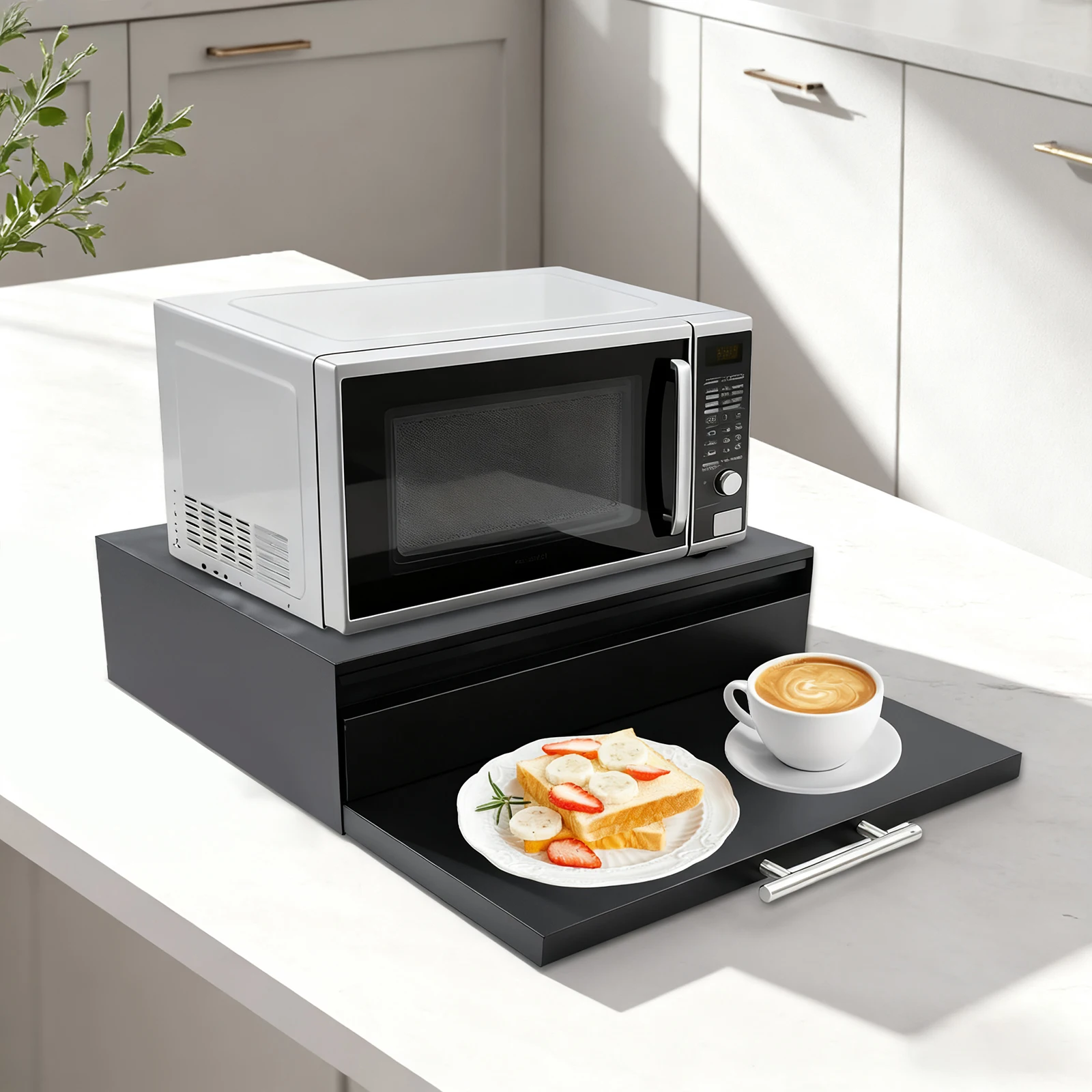 

Black Carbon Steel Microwave Oven Rack 59x47cm Multifunctional Storage Rack with Drawer Partition