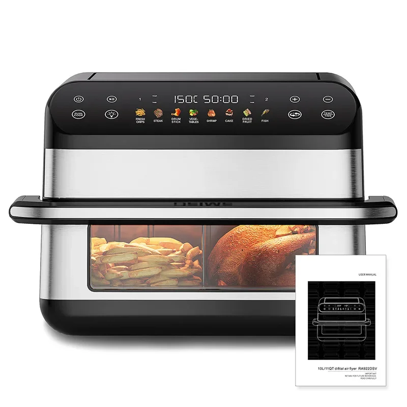 10L Air Fryer Oven, Dual-Basket 2-in-1 Multifunctional Appliance with Transparent Viewing Window, 360° Hot Air Circulation