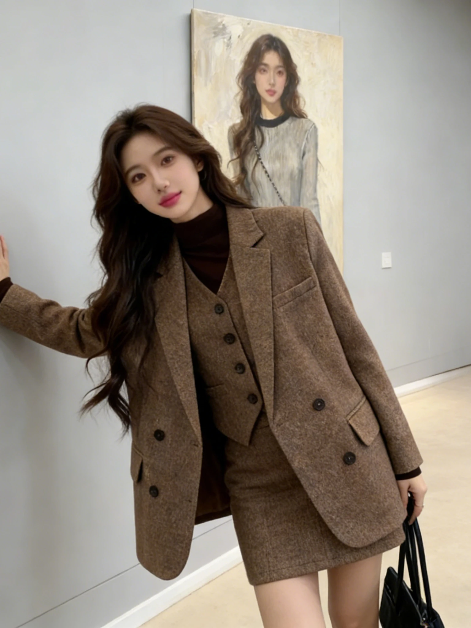 

Autumn Winter Brown Retro Suit Jacket Layering Vest Slimming Short Skirt Three Piece Set Fashionable Elegant Casual Wear