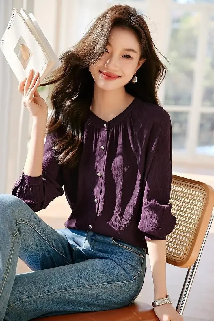 

Women's Textured Blouse - Crew Neck Puff Sleeve Office Top