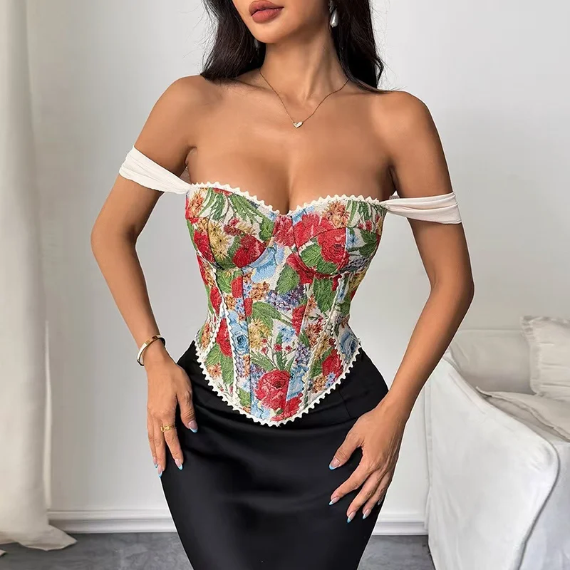 مشد نسائي جميل مزين بالزهور على شكل هيكل السمكة ملابس داخلية مثيرة على الطراز القوطي الرومانسي مشدات للعطلات والحفلات والنوادي مشد للتخسيس #1