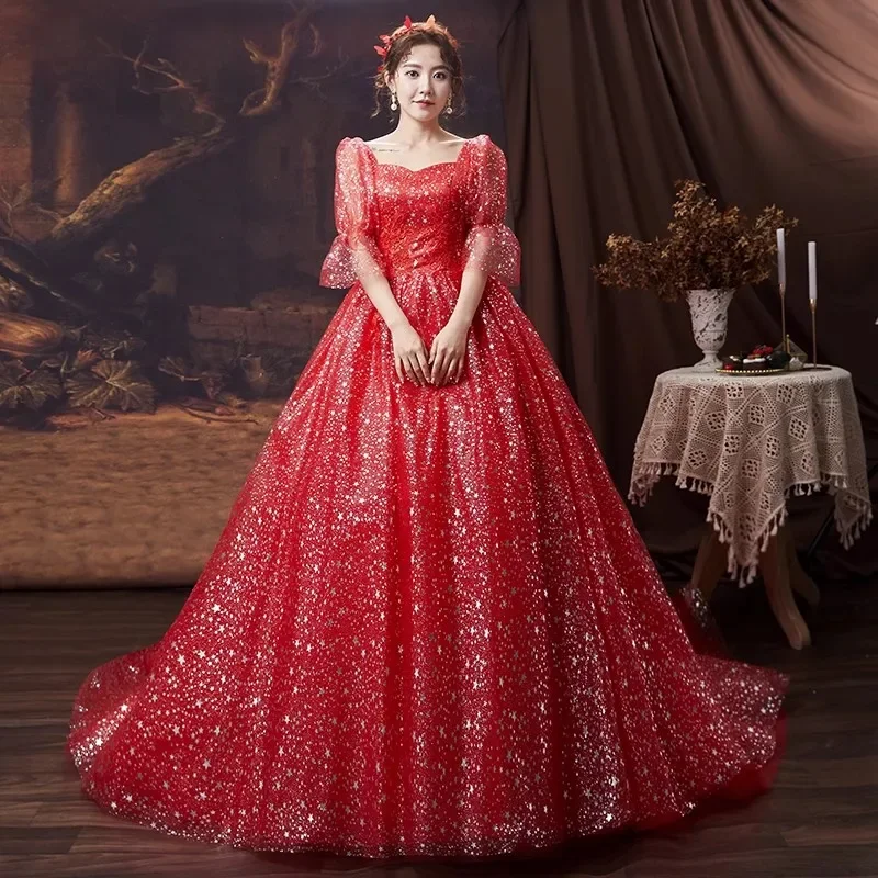 

Cheap Red Wedding Dress Bling Square Collar Half Puffy Sleeves Lace up Princess Trailing Plus size Simple Bride Ball Gowns XN023