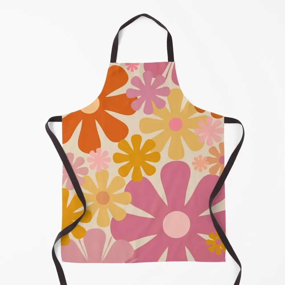 Retro 60s 70s Flowers - Vintage Style Floral Pattern in Thulian Pink, Orange, Mustard, and Cream Apron Nursing Apron