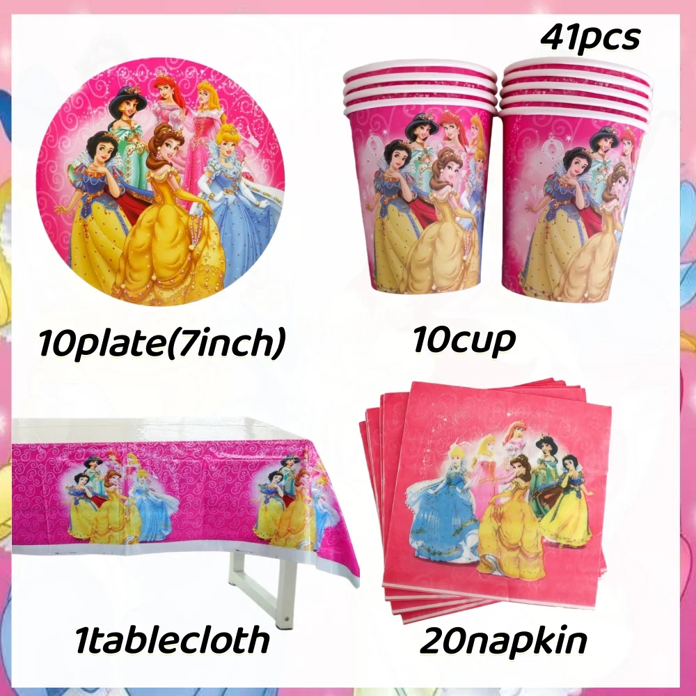 Accesorios de decoración para fiesta de cumpleaños de princesa, Kit de vajilla, caja de dulces, mantel, telón de fondo, globo de princesa, piezas de decoración para fiesta