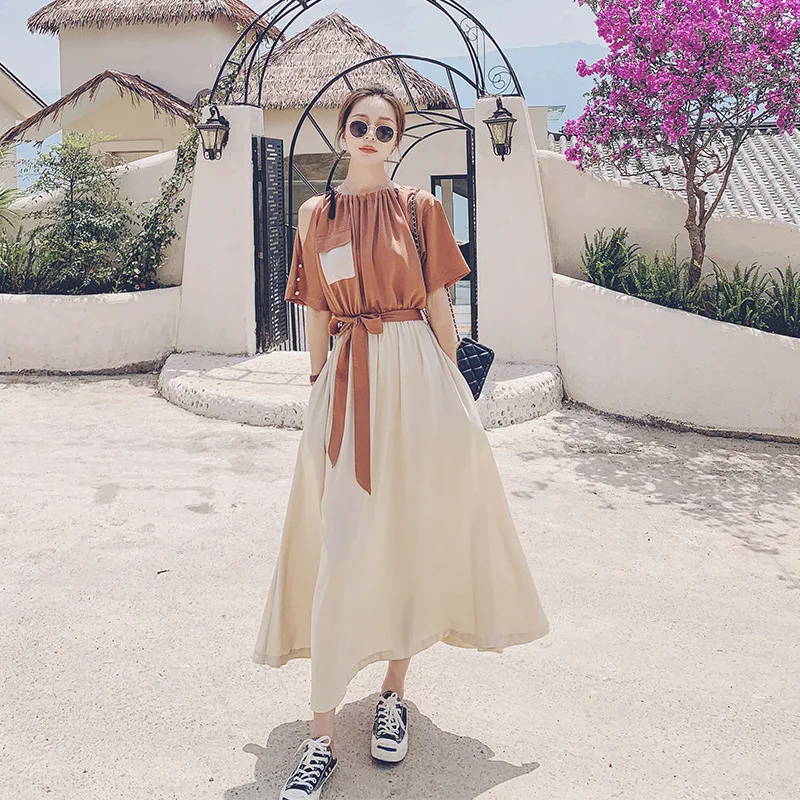 New Arrival Maxi Dress Casual Women's Casual Chic Two-Tone Cold Shoulder Short Sleeve Color Block Tie Waist A-Line Dresses