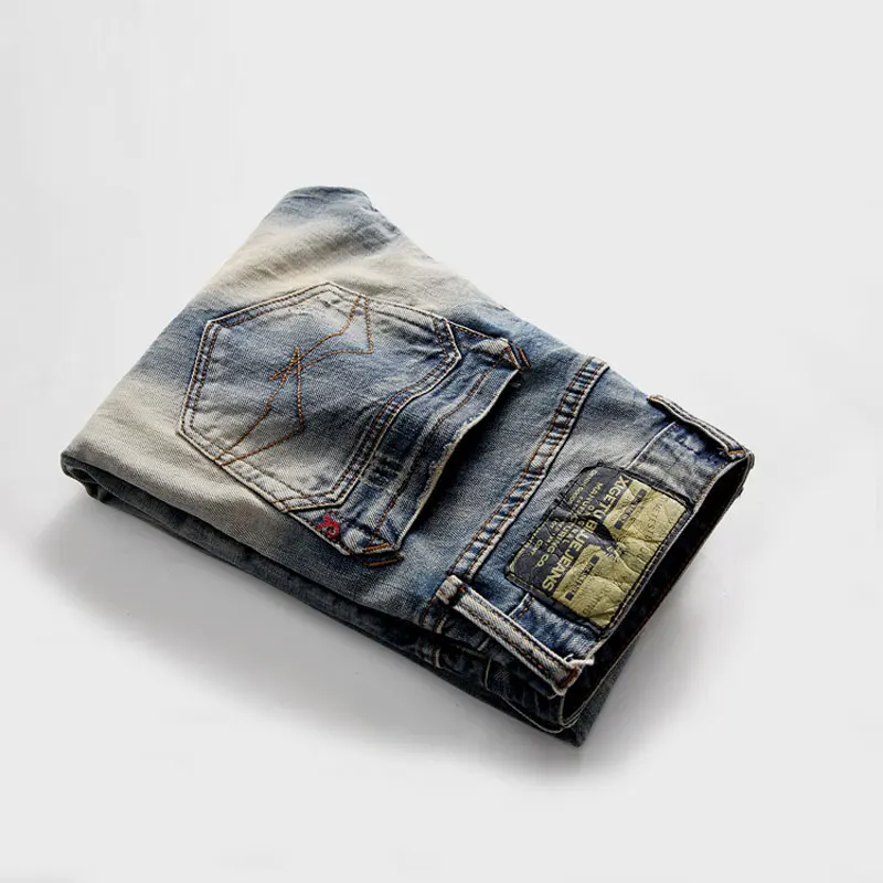 Fashion Designer Men Jeans High Quality Buttons Fly Stretch Retro Washed Slim Fit Ripped Jeans Men Vintage Denim Pants Hombre