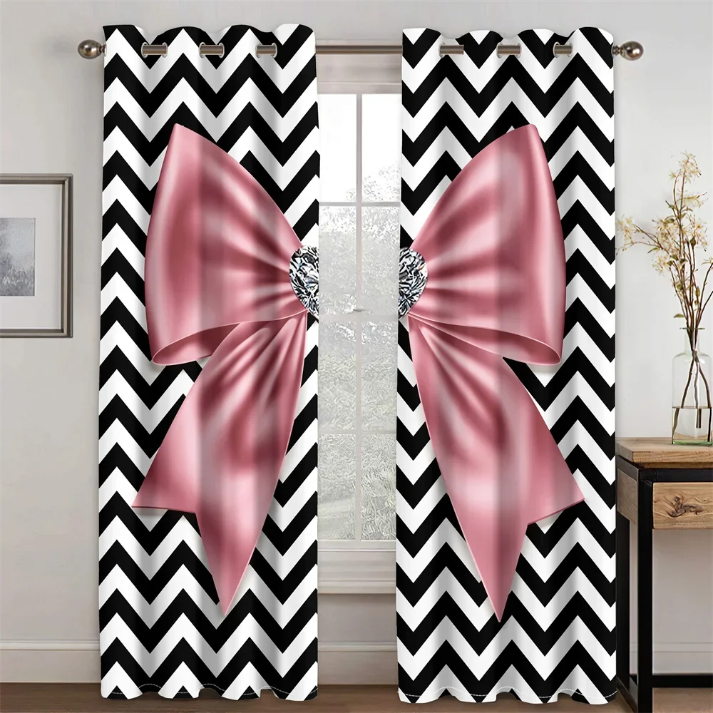 Pink Lovely Girl Bow Light Filtering Drapes Theme Decorative 2 Panels Thin Curtains For Bedroom Living Room