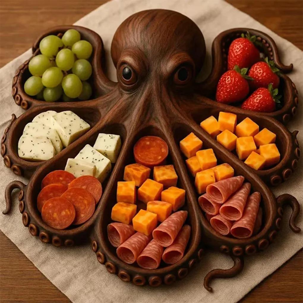 

Unique Design Octopus Charcuterie Platter Cheese Serving Fruits Serving Fruit Wooden Tray Meats Serving Food Tray