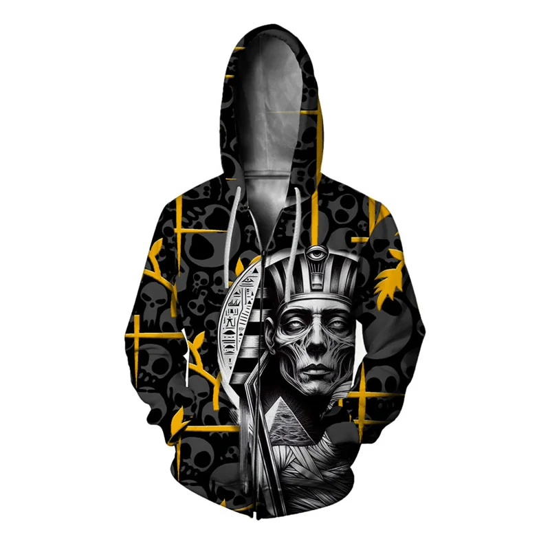 

Pharaoh Flower Pattern Zipper Hoodie Men Skeleton Death Reaper 3D Printed Sweatshirts Loose Casual Pullover Hoodies Long Sleeves