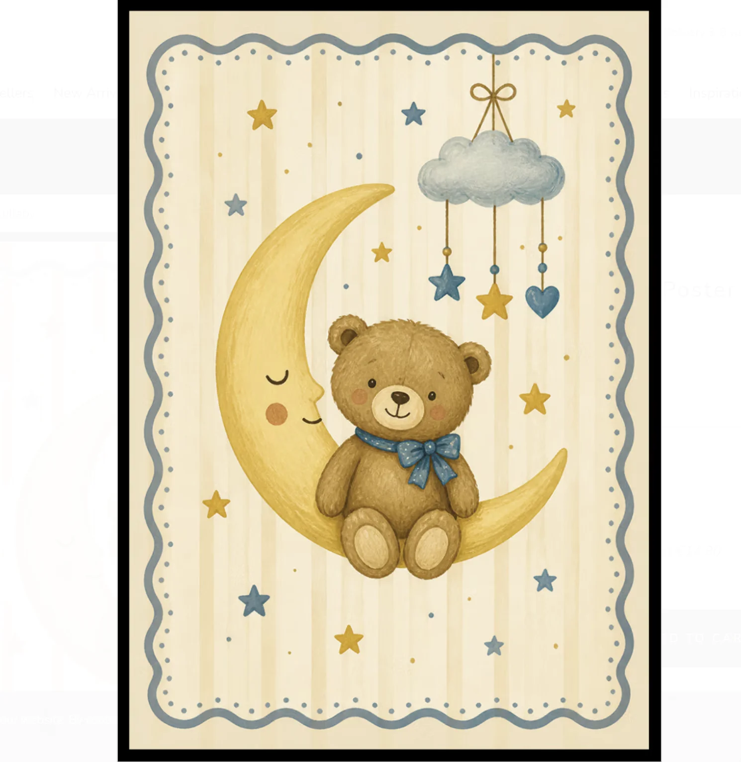 Cute Teddy Bear On Crescent Moon Canvas Prints, Star Cloud Mobile Illustration Posters, Soft Nursery Kids Room Home Decor