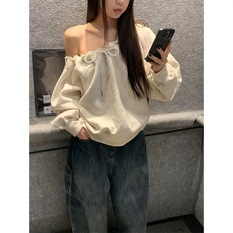 Hot Girl Style Drawstring Collar Shoulder Top Women's Autumn and Winter Design Niche Casual Loose and Lazy Style Sweatshirt