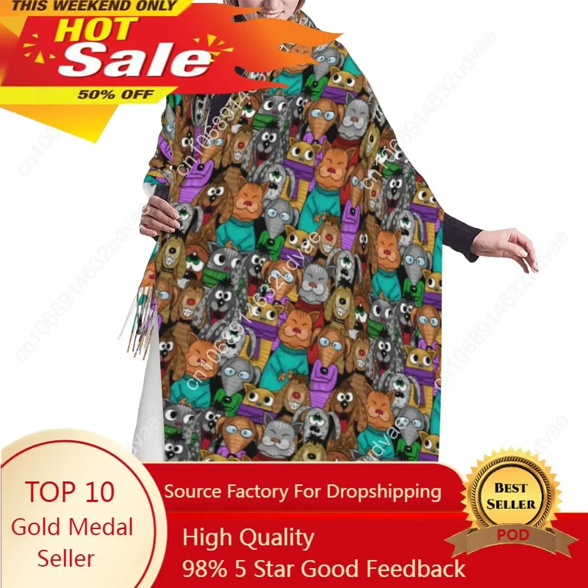 Comic Cartoon Cats And Dogs Scarf Winter Long Large Tassel Scarves Soft Wrap Pashmina