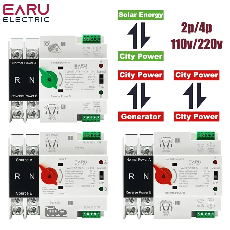 

Single Phase Din Rail ATS PV 2P 4P 100A AC 110V 220V Dual Power Automatic Transfer Electrical Selector Switches Uninterrupted