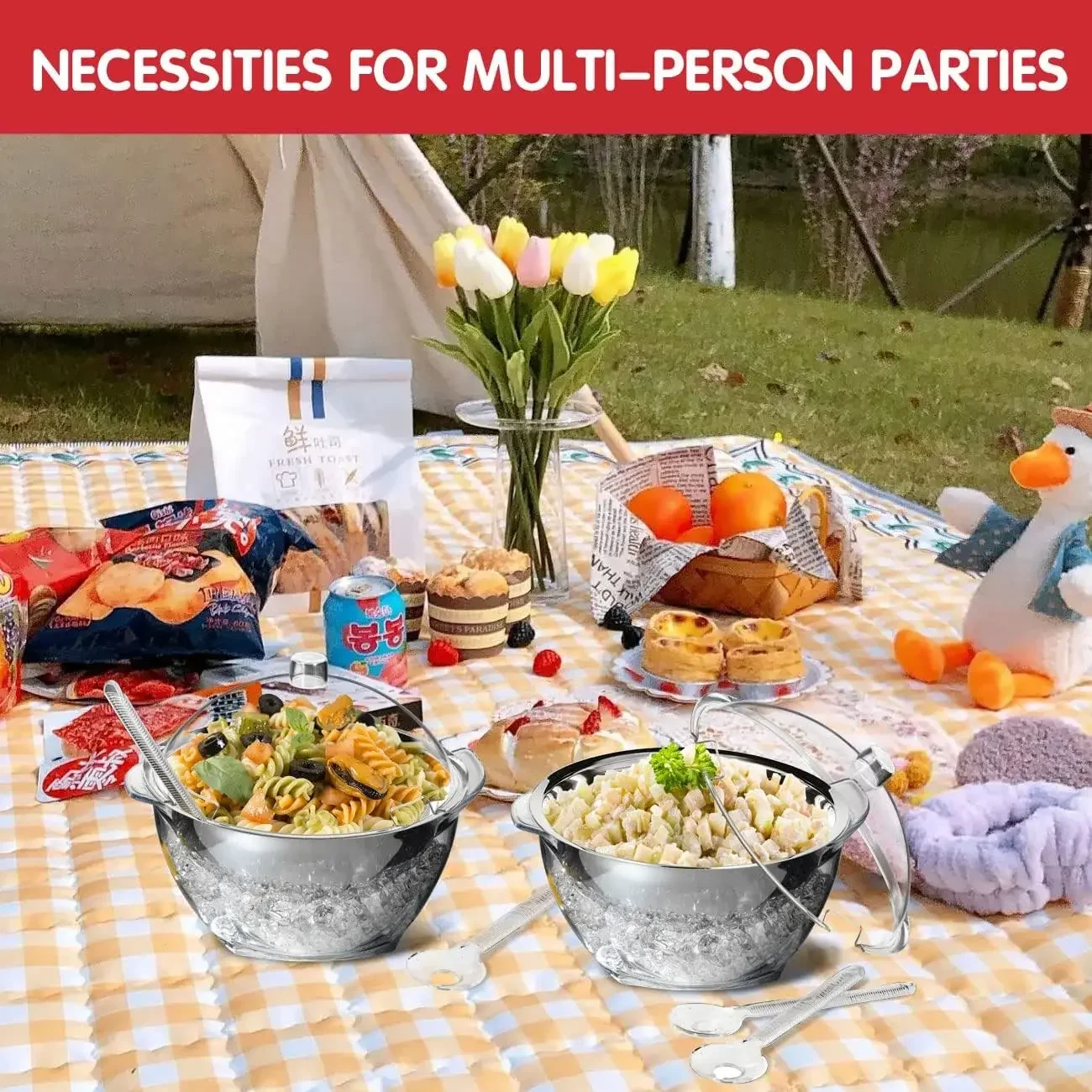 

XMSJ.Large Salad Bowl with Ice Chiller Base and Lid, Kitchen Refrigerated Veggie Tray with Two Long Spoons, Party Platters for F