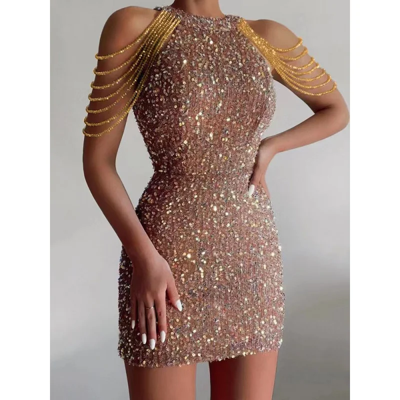 2025Spring Summer New Fashion Halter Sexy Crystal Chain Bodycon Sequin Dress Mid-Waist Evening Gown
