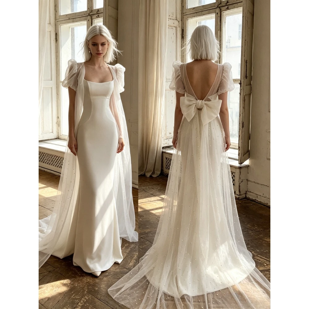 Customized Square Neck Luxurious Satin Fluffy Sleeve Wedding Dress with Large Bow 2026 Beach Elegant Tight Mermaid Bride Dress