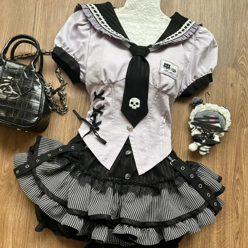 Sweet Gothic Y2k Lolita Uniform 2 Piece Set Japanese Preppy Style Sailor Collar Blouse Women Kawaii Stripe Cake Mini Skirts Suit