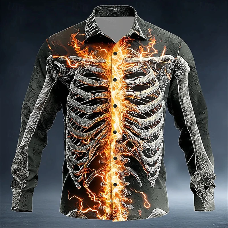 

2025 New Men's Skeleton Flame Print Clothing Retro Button Shirt Long-sleeved Men's Loose Lapel Autumn and Winter Shirt Top