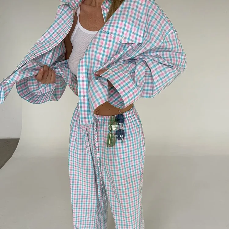 

Pink Blue Gingham Plaid Set Women Summer Casual Oversized Button Up Shirt & Wide Leg Pants 2 Piece Suit Boho Beach Outfits 2026