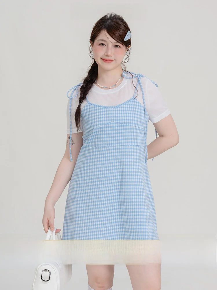 

Heynew Salt Series Sweet Plaid Strap Dr ort Sve Комплект из двух предметов Женский летний моющийся комплект больших размеров в Корейском стиле...