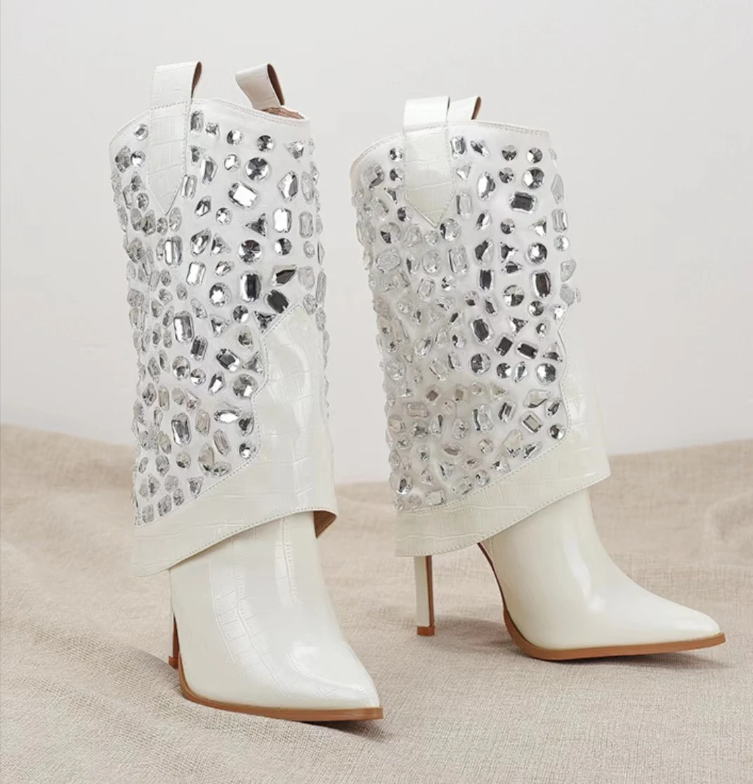 Sexy Brand Luxury Bling White Crystal Mid Calf Stiletto Womens Designer Stacked Wedding Boots Rhinestone Glitter Fold Over Boots