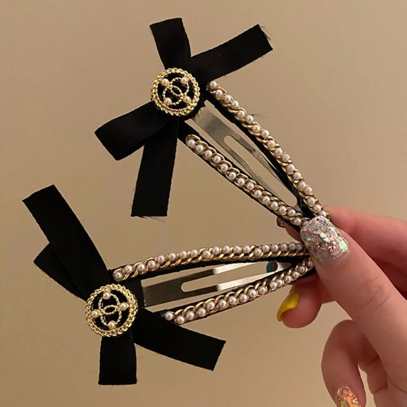 Korean High-quality Vintage Bow BB Hair Clip with Chain Pearl Temperament  Hairpin Broken Bangs Female Accessoire Cheveux