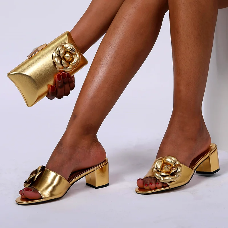 african wedding banquet party golden silver flower luxury women slippers high heel plus size 35-44 women shoes and bag suit