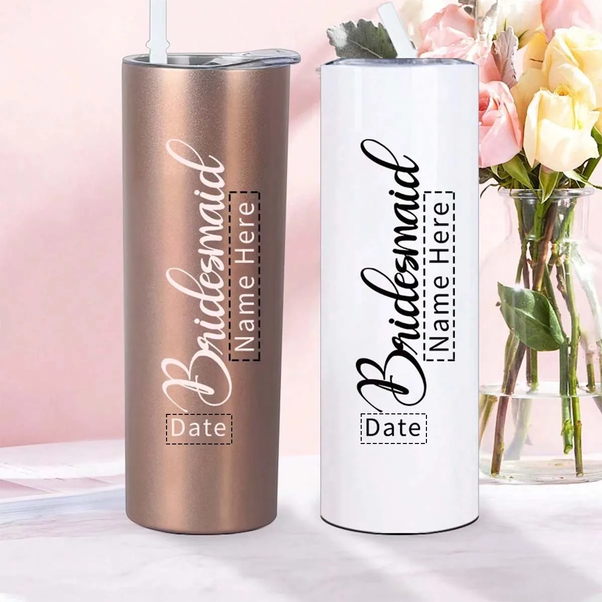 

1Pc 3D Print "Bridesmaid" Customized Name Coffee Tumblers with Straw Lid 20oz Skinny Straight Winter Cups Wedding Party Gifts