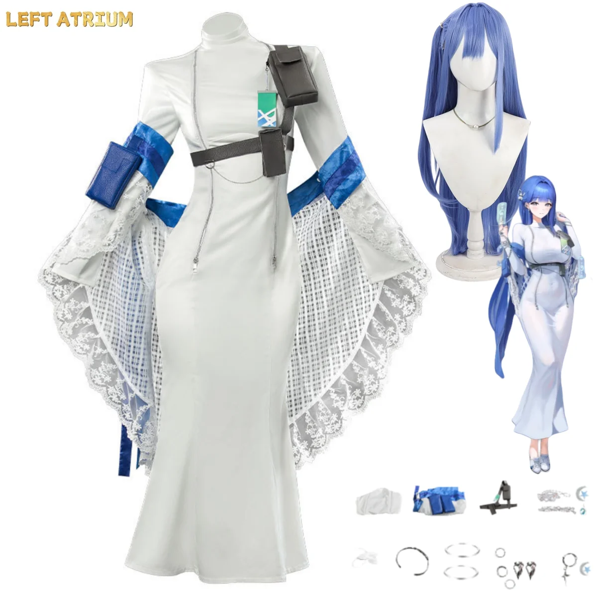 

Game Arkana Cosplay Costume White Tight Dress Shawl Wig Woman Sexy Carnival Masked Ball Suit