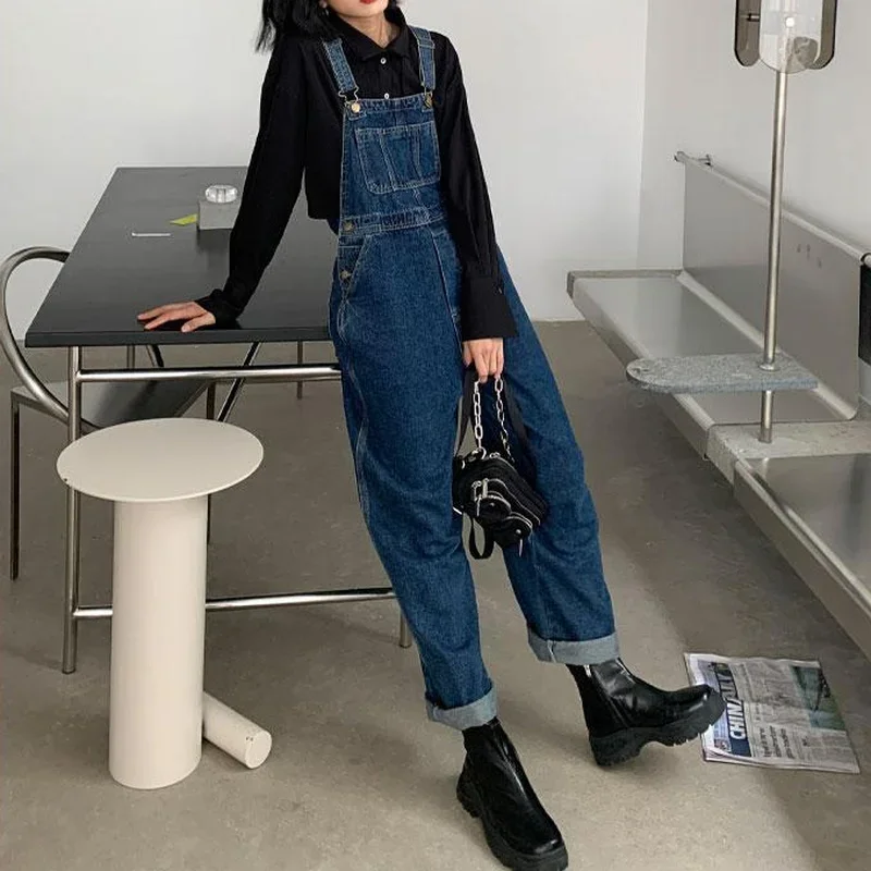 Jumpsuits Women Dark Blue Vintage Streetwear Harajuku Casual Fashion High Waist Loose Overalls Denim Suspenders Trousers