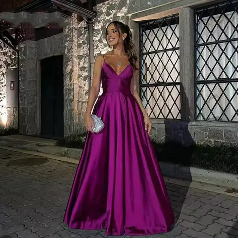 Purple V Neck Prom Dress Spaghetti Straps Sleeveless Backless A Line Evening Dresses Women Formal Party Gowns Customized