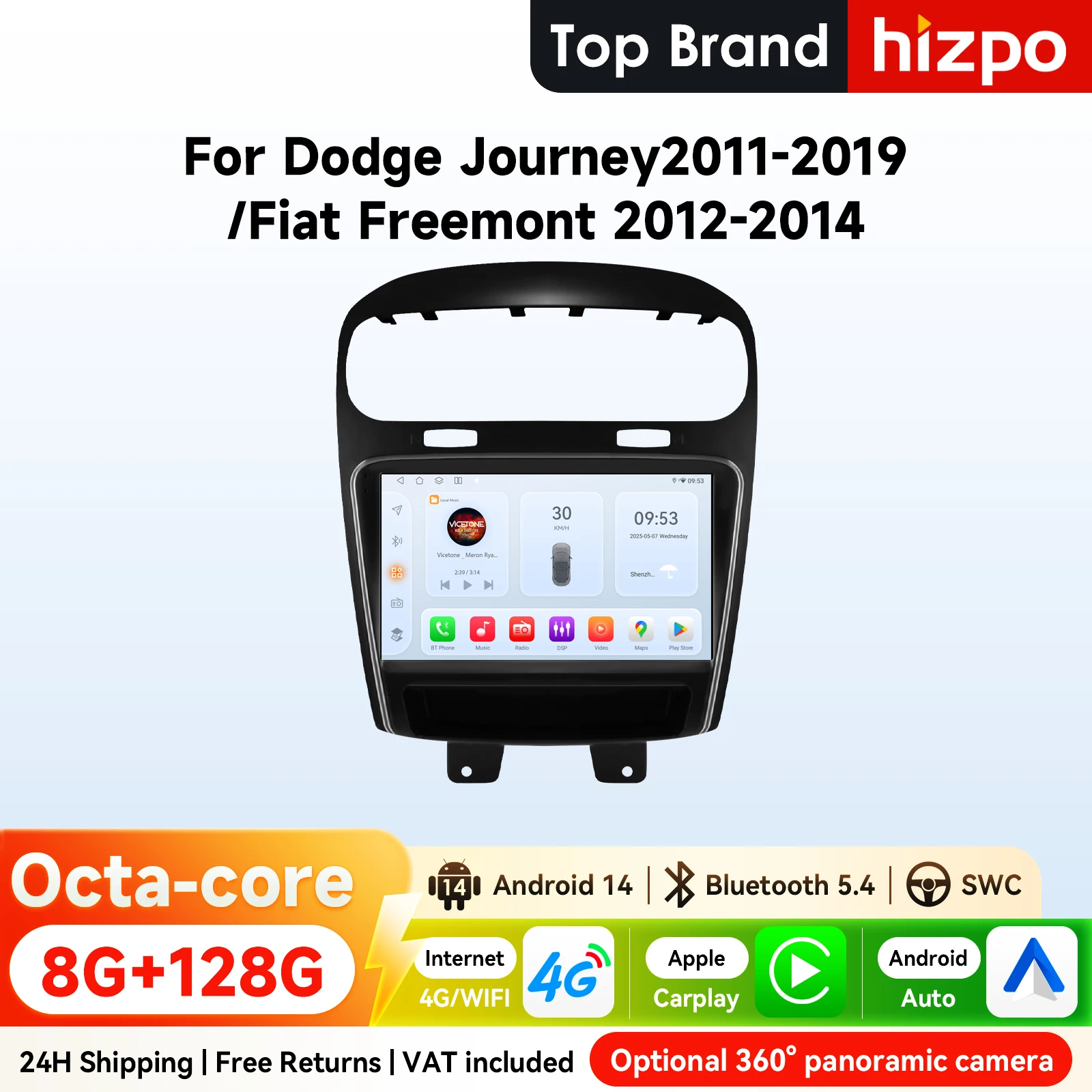 9 " Hizpo CarPlay Android Auto autoradio pour Dodge Journey 2011 - 2019 FIAT Freemont 2012 - 2014 Navi GPS DSP 4G BT SWC 360 ° CAM