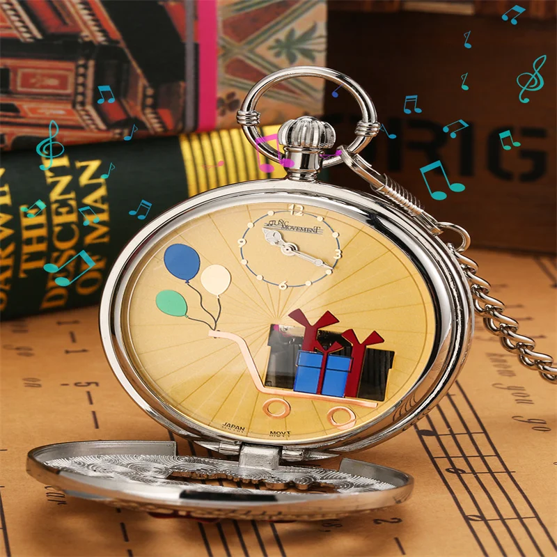 Kreative Geburtstags-Taschenuhr mit Musik und Kuchen-Design, Dekoratives Geschenk mit Manueller Quarz-Bewegung und Kette – Detail 2